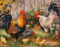 Петухи, курица и цыплята в саду