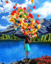 Девушка с большой тучкой воздушных шаров