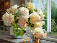 Без бренда «Ваза с букетом белых пионов у окна» в Волгограде