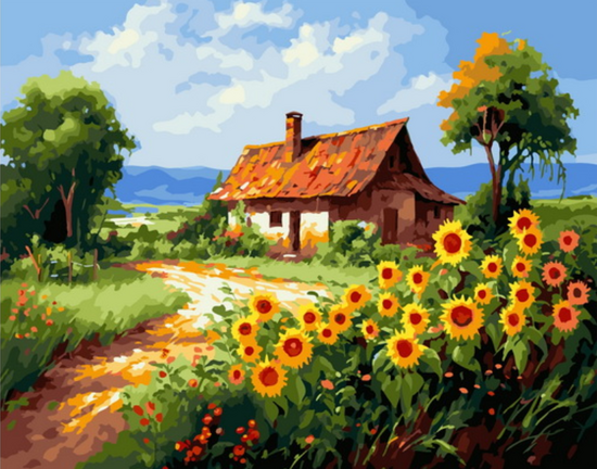 Картина по номерам 40x50 Деревенский домик возле поля подсолнухов