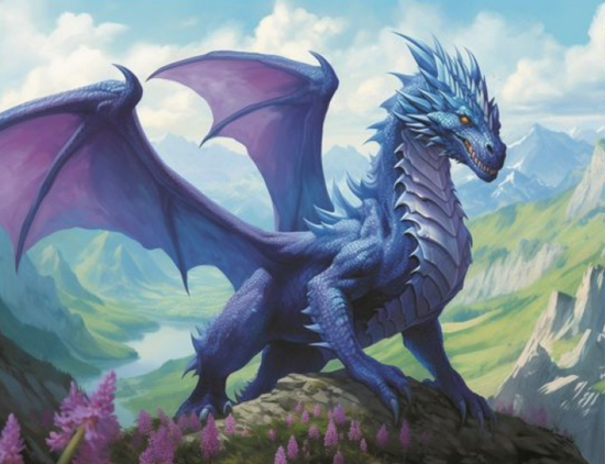 Алмазная мозаика 40x50 Сапфировый дракон на горе с видом на реку