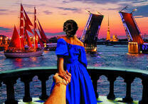 Девушка в Санкт-Петербурге на фоне раздвижных мостов