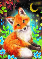 Пушистый лисенок среди ночного цветущего леса